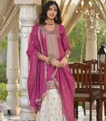 Magenta heavy chinon free size stitched suit with digital printed & embroidery work