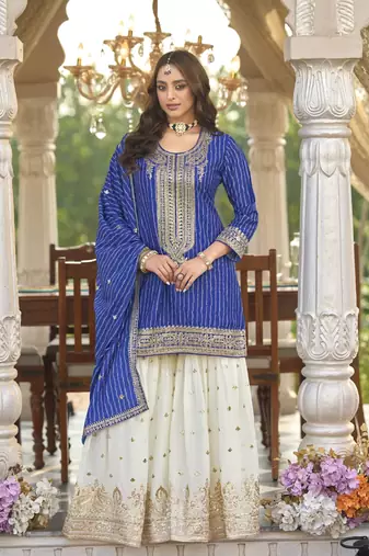 Blue heavy chinon free size stitched suit with digital printed & embroidery work