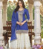 Blue heavy chinon free size stitched suit with digital printed & embroidery work