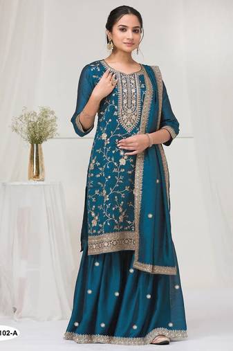 Teal vichitra semi stitched suit with heavy embroidery work