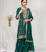 Dark green vichitra semi stitched suit with heavy embroidery work