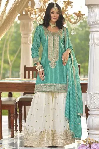 Sea green heavy chinon free size stitched suit with digital printed & embroidery work