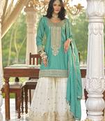 Sea green heavy chinon free size stitched suit with digital printed & embroidery work