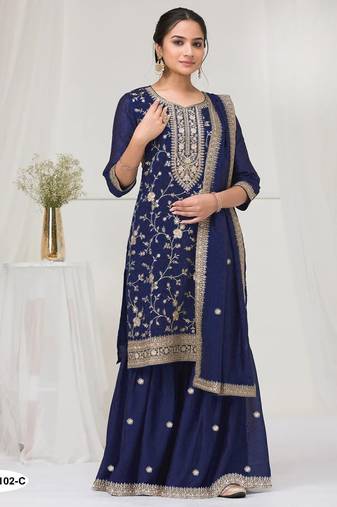 Navy vichitra semi stitched suit with heavy embroidery work