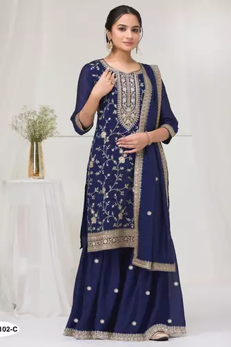 Navy vichitra semi stitched suit with heavy embroidery work