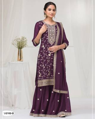 Wine vichitra suit with heavy embroidery  1