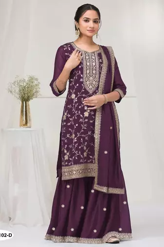 Wine vichitra semi stitched suit with heavy embroidery work
