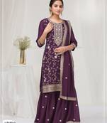 Wine vichitra semi stitched suit with heavy embroidery work
