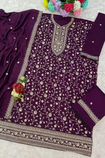 Wine vichitra suit with heavy embroidery 
