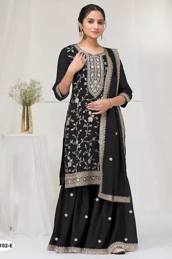Black vichitra semi stitched suit with heavy embroidery work