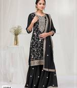Black vichitra semi stitched suit with heavy embroidery work
