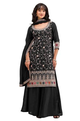 Black vichitra semi stitched suit with heavy embroidery work