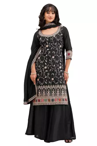 Black vichitra semi stitched suit with heavy embroidery work
