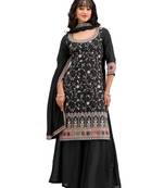 Black vichitra semi stitched suit with heavy embroidery work