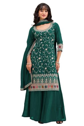 Dark green vichitra semi stitched suit with heavy embroidery work