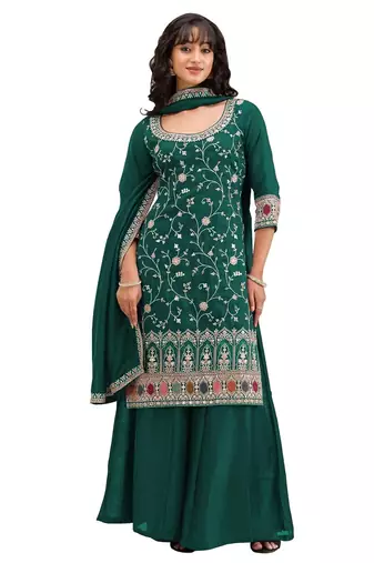 Dark green vichitra semi stitched suit with heavy embroidery work