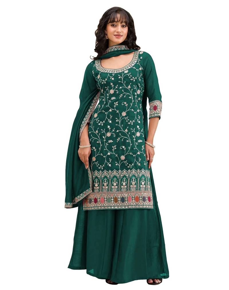 Dark green vichitra semi stitched suit with heavy embroidery work
