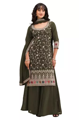 Mehendi vichitra semi stitched suit with heavy embroidery work