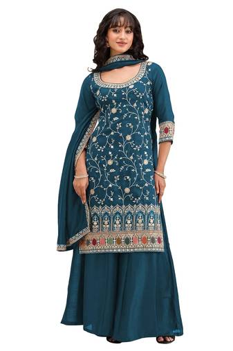 Teal vichitra semi stitched suit with heavy embroidery work