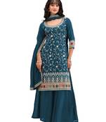 Teal vichitra semi stitched suit with heavy embroidery work