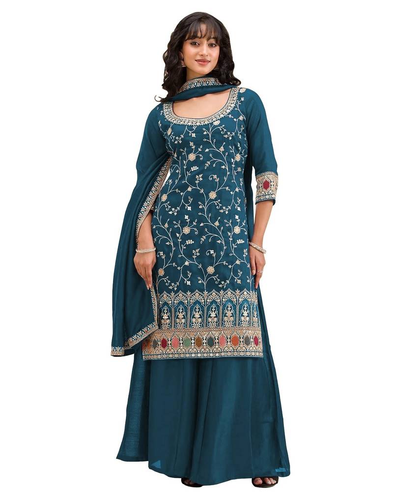 Teal vichitra semi stitched suit with heavy embroidery work