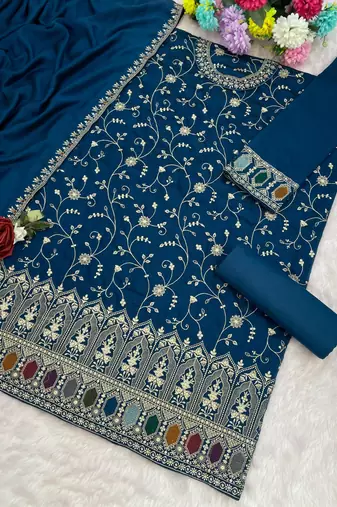 Teal vichitra suit with heavy embroidery 