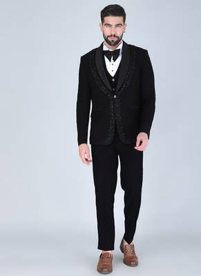 Black 5 pc embroidered designer tuxedo suit for men 1