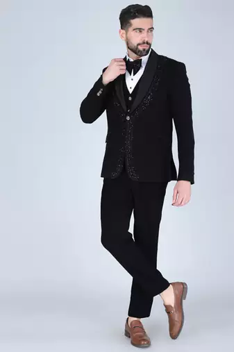 Black 5 pc embroidered designer tuxedo suit for men