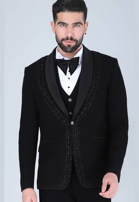 Black 5 pc embroidered designer tuxedo suit for men 3