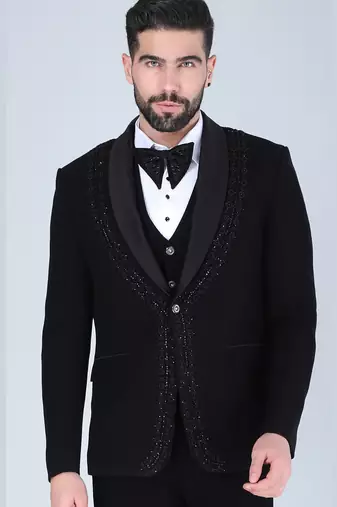 Black 5 pc embroidered designer tuxedo suit for men