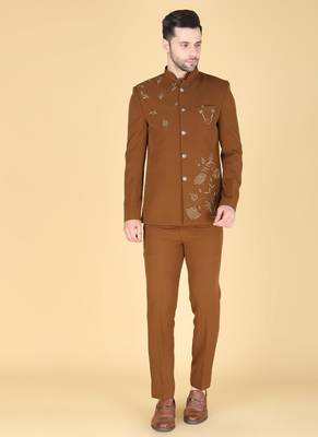 Brown bandhgala with embroidered nehru jacket  for men 1