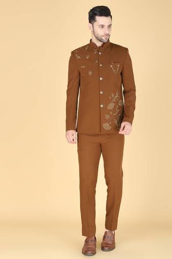 Brown bandhgala with embroidered waistcoat for men
