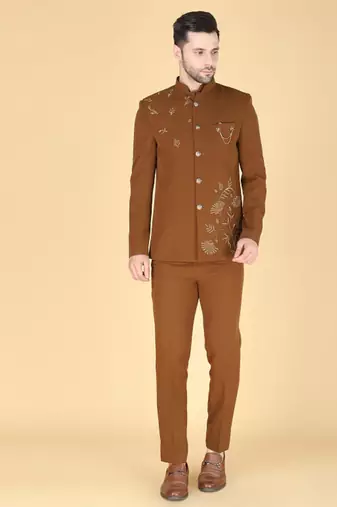 Brown bandhgala with embroidered waistcoat for men