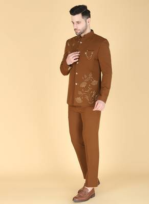 Brown bandhgala with embroidered nehru jacket  for men 2