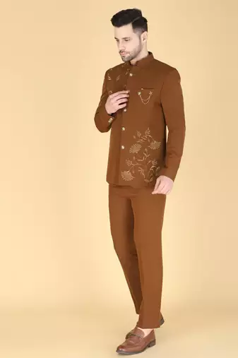 Brown bandhgala with embroidered nehru jacket  for men