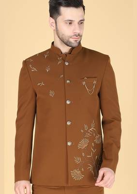 Brown bandhgala with embroidered nehru jacket  for men 3