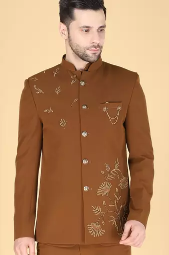 Brown bandhgala with embroidered nehru jacket  for men