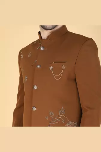 Brown bandhgala with embroidered nehru jacket  for men
