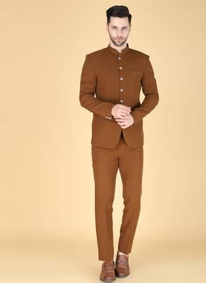 Brown bandhgala with embroidered nehru jacket  for men 5