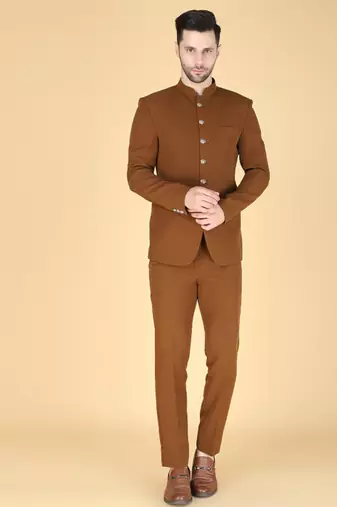 Brown bandhgala with embroidered nehru jacket  for men