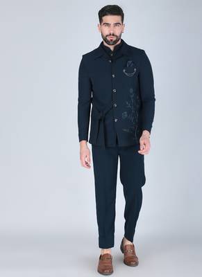 Teal green bandhgala with embroidered nehru jacket  for men 1