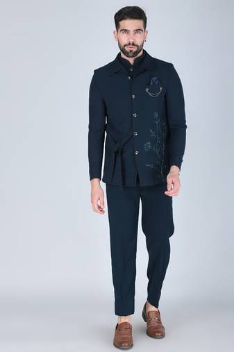 Teal green bandhgala with embroidered waistcoat for men