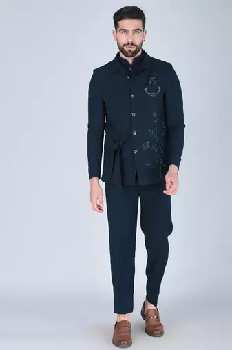 Teal green bandhgala with embroidered waistcoat for men