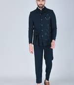 Teal green bandhgala with embroidered waistcoat for men