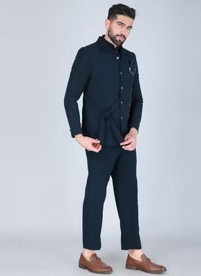 Teal green bandhgala with embroidered nehru jacket  for men 2