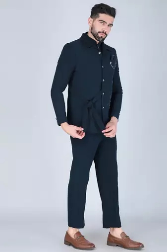 Teal green bandhgala with embroidered nehru jacket  for men