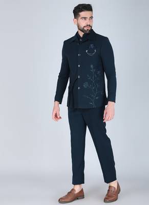 Teal green bandhgala with embroidered nehru jacket  for men 3