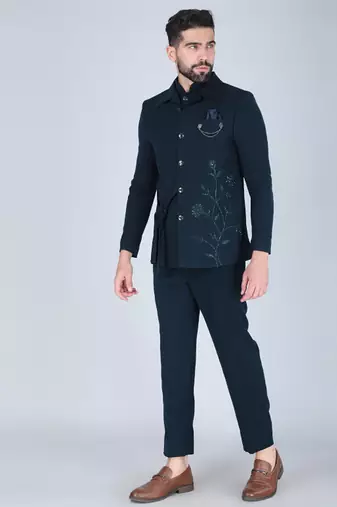 Teal green bandhgala with embroidered nehru jacket  for men