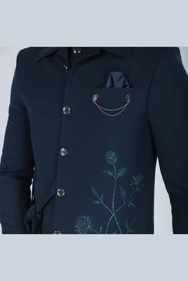 Teal green bandhgala with embroidered nehru jacket  for men 4