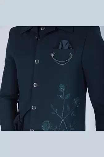 Teal green bandhgala with embroidered nehru jacket  for men